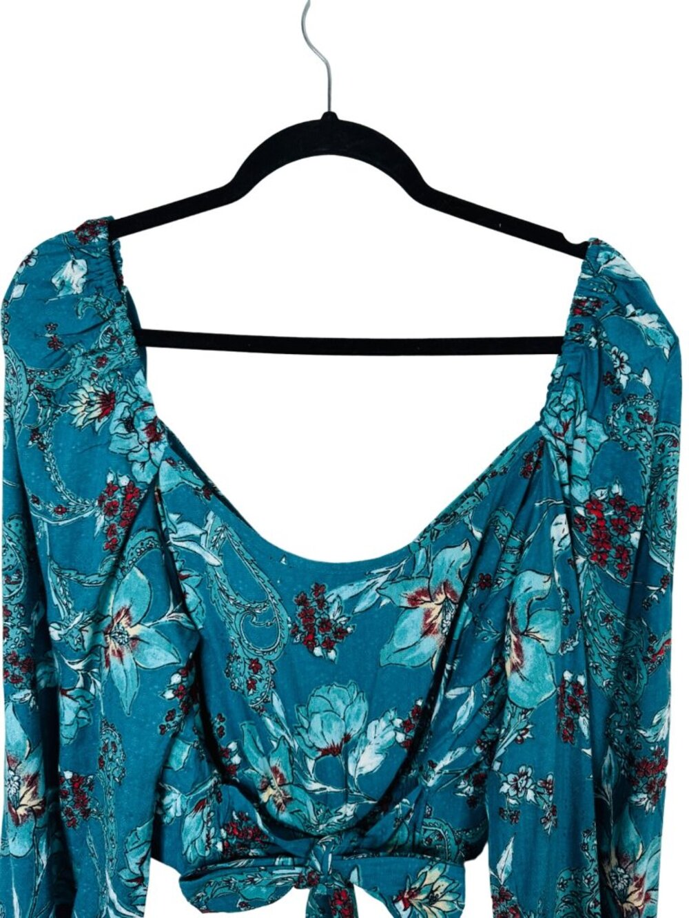 2/$30 New Large Band Of The Free - V Neckline Teal Red Floral Tie-Back Blouse - Picture 8 of 15